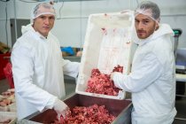 Retrato de açougueiros esvaziando carne picada na máquina de picar carne na fábrica de carne — Fotografia de Stock
