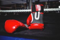 Pair of red boxing gloves in boxing ring — Stock Photo