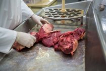 Nahaufnahme eines Metzgers, der Fleischstücke in eine Maschine legt — Stockfoto