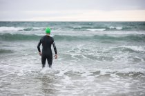 Вид сзади спортсмена в мокрых костюмах, идущего к морю — стоковое фото
