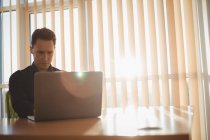 Чоловік виконавчий використовує ноутбук біля віконних жалюзі в офісі — стокове фото