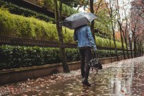 Rückansicht eines Mannes mit Handtasche und Regenschirm, der auf Fußweg geht — Stockfoto