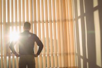 Rear view of man standing with hands on hips near window blinds — Stock Photo