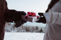 Mid section of couple giving gift on snowy landscape — Stock Photo