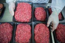 Mãos de açougueiro organizando carne picada em bandejas de embalagem — Fotografia de Stock