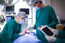 Мужчины и женщины-хирурги, выполняющие операции в операционном зале больницы — стоковое фото