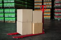 Картонні коробки на візку на заводі соків — стокове фото