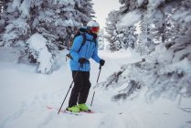 Лижники катаються на лижах на засніжених горах — стокове фото
