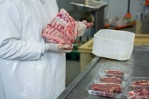 Mid-section of butcher holding raw meat at meat factory — Stock Photo