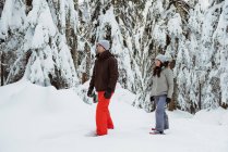 Пара лыжников, идущих по заснеженной горе — стоковое фото