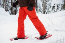 Low section of skier walking with snow shoe on snowy landscape — Stock Photo