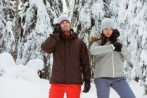 Hombre hablando por teléfono móvil y mujer comprobando el tiempo en la montaña cubierta de nieve - foto de stock