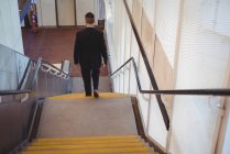 Vista trasera del hombre de negocios con un diario bajando escaleras en la oficina - foto de stock