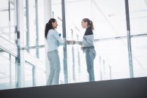 Mujer de negocios saludando a un colega en el pasillo de un edificio de oficinas - foto de stock