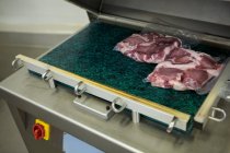 Gros plan de la machine d'emballage sous vide à l'usine de viande — Photo de stock