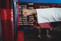 Hand of karate player performing karate stance in fitness studio — Stock Photo