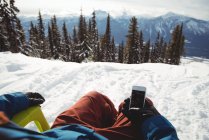 Низька частина людини тримає мобільний телефон на снігу покрита горою проти дерев — стокове фото