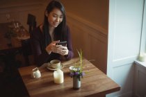 Donna sorridente che utilizza il telefono cellulare in caffè — Foto stock