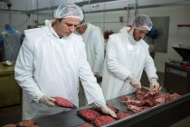 Açougueiros que trabalham em conjunto na fábrica de carne — Fotografia de Stock