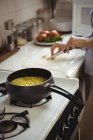 Seção média de mulher cozinhar na cozinha em casa — Fotografia de Stock