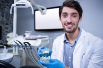 Smiling dentist holding mouth model at dental clinic — Stock Photo