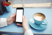 Cropped image of woman holding smartphone with blank screen in cafeteria — Stock Photo