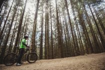 Vista de baixo ângulo do ciclista de montanha na estrada de terra contra árvores na floresta — Fotografia de Stock