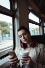 Junge Frau benutzt Handy, während sie am Fenster im Zug sitzt — Stockfoto