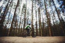 Vista lateral do ciclista de montanha andando na estrada de terra na floresta — Fotografia de Stock