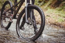 Radler läuft mit Fahrrad in Bach am Wald — Stockfoto