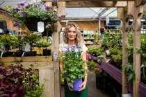 Portrait of female florist holding potted plant in garden centre — Stock Photo