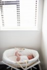 Новорожденный младенец спит в корзине с Моисеем дома — стоковое фото