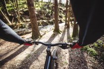 Immagine ritagliata di mountain bike equitazione nella foresta — Foto stock