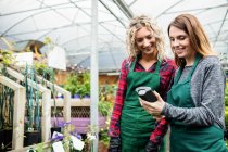 Dos floristas femeninas usando escáner de mano en el centro del jardín - foto de stock