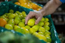 Abgeschnittenes Bild von Mann, der Zitrone im Supermarkt nimmt — Stockfoto