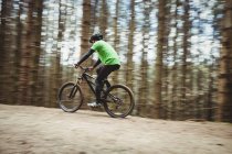 Vista lateral do ciclista de montanha andando na estrada de terra contra árvores na floresta — Fotografia de Stock