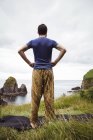 Задний вид человека, стоящего с руками на бедре на скале — стоковое фото