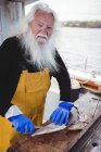 Porträt eines Fischers beim Filetieren von Fischen im Boot — Stockfoto