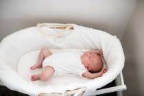 Bebé recién nacido durmiendo en la cesta de Moisés en casa - foto de stock