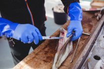 Imagem cortada de peixe filetagem pescador no barco — Fotografia de Stock