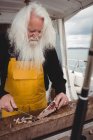 Close up of fisherman filleting fish in boat — Stock Photo