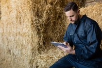 Agricoltore che utilizza tablet digitale mentre seduto sulla balla di fieno al fienile — Foto stock