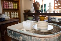 Empty pottery wheel in pottery workshop — Stock Photo