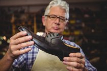 Sapateiro maduro examinando um sapato na oficina — Fotografia de Stock
