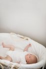 Bebê recém-nascido dormindo em cesta de musgos em casa — Fotografia de Stock