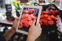 Hands of female florist taking photograph of flowers in the flower shop — Stock Photo