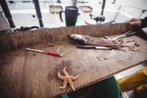Filé de peixe e peixe estrela na mesa no barco — Fotografia de Stock