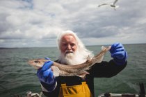 Портрет рибалки, що показує рибу на човні — стокове фото