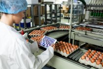 Female staff tacking picture of egg cartons on digital table in factory — Stock Photo