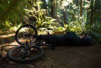 Ciclista masculino se machucar ao cair de bicicleta de montanha no parque — Fotografia de Stock